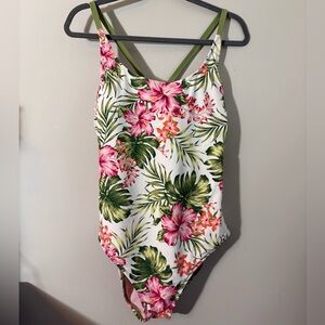 Hurley Pink and Green One Piece Swimsuit Tropical Print